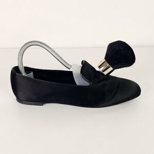 Roger Vivier Black Satin Slip On Flats with Brush Tassel Detail